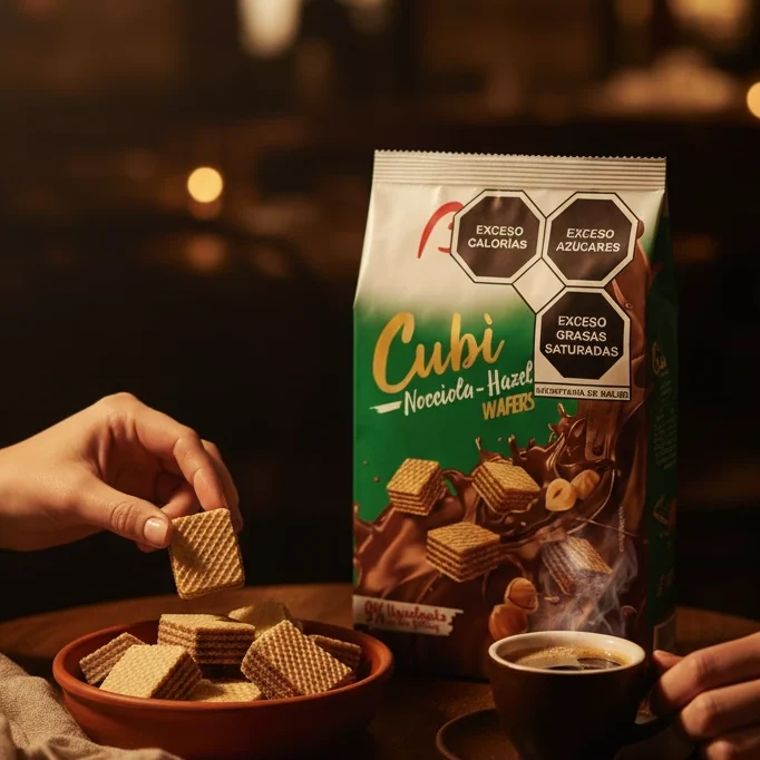 Hands reaching for Balconi Cubi snacks next to a cup of coffee on a table.