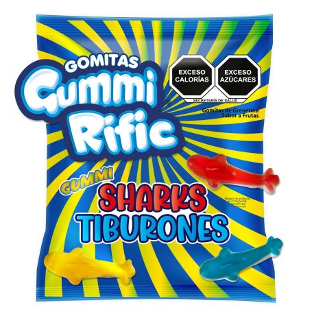 Colorful gummy candy shaped like sharks, packaged in a bright blue bag.