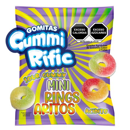 Colorful package of Gummi Rific Sour Mini Rings with vibrant purple background.