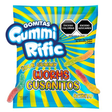 Colorful packaging for Gummi Rifíc sour gummy worms, featuring bright graphics and text.