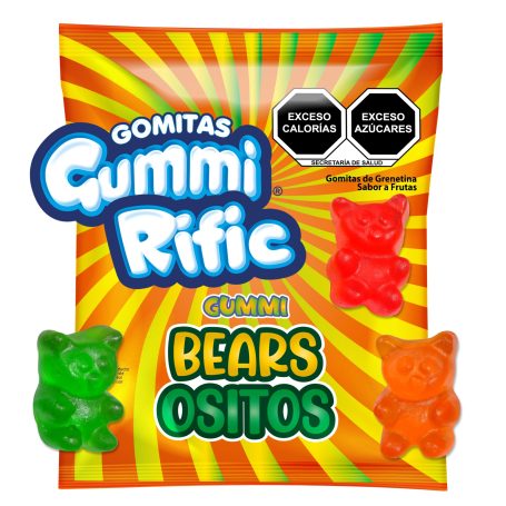 Colorful gummy bear candies in a vibrant orange and yellow packaging.