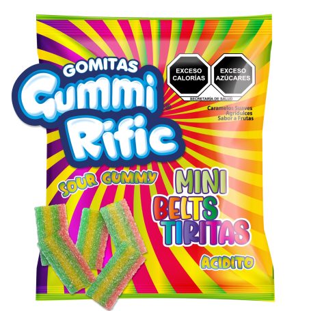 Colorful package of Gummi Rifíc sour gummy mini belts.