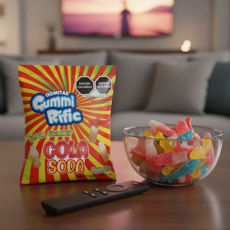 A bag of cola-flavored GummiRific candy next to a bowl of colorful gummies and a remote.