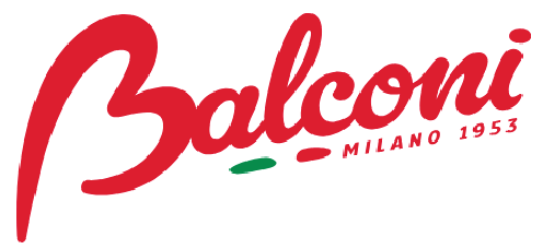 Logo of Balconi, featuring red text with "Milano 1955" and an Italian flag motif.